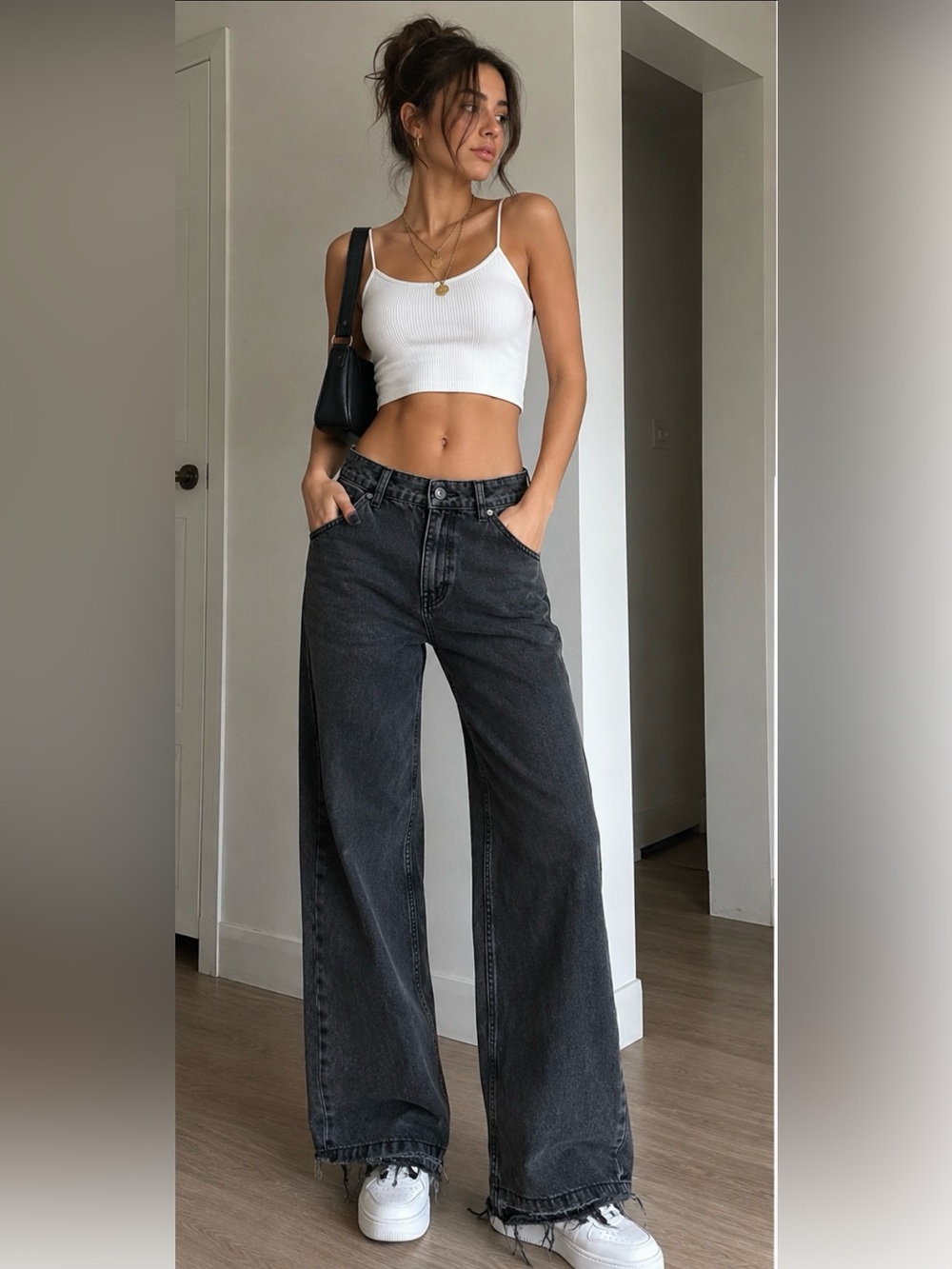 Ragged Jeans Black Wash Wide Leg Jeans Size 28 Raw Hem High Rise Y2K Grunge